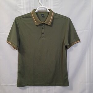 Manfinity Polo Shirt Mens L Olive Green Short Sleeve Striped Trim Pique Knit